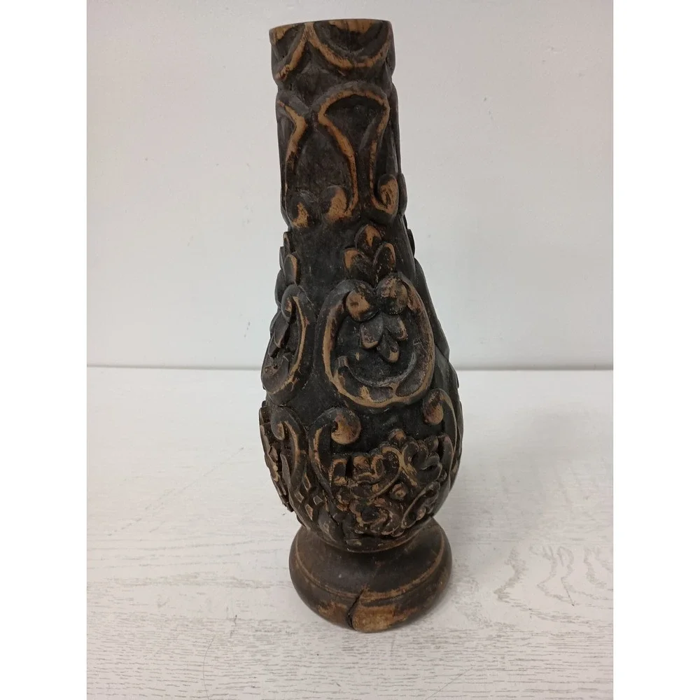 Vintage Hand Carved Turned Wood Vase 3D Raised Floral Design Rustic Primitive